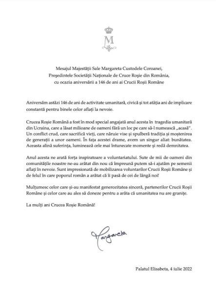 Mesajul Majestăţii Sale Margareta Custodele Coroanei, Preşedintele Crucii Roşii Române